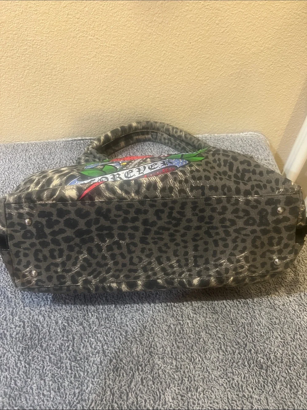 Tattoo Inspired Leopard Print Satchel with Colorful Heart Graphic - Gray
